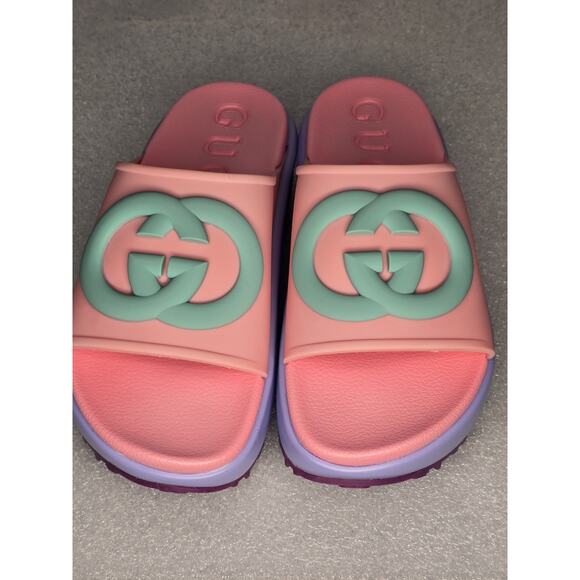Gucci Platform Slides Miami Interlocking Pink Women's 38 /7- 7.5 EUC - Picture 1 of 7